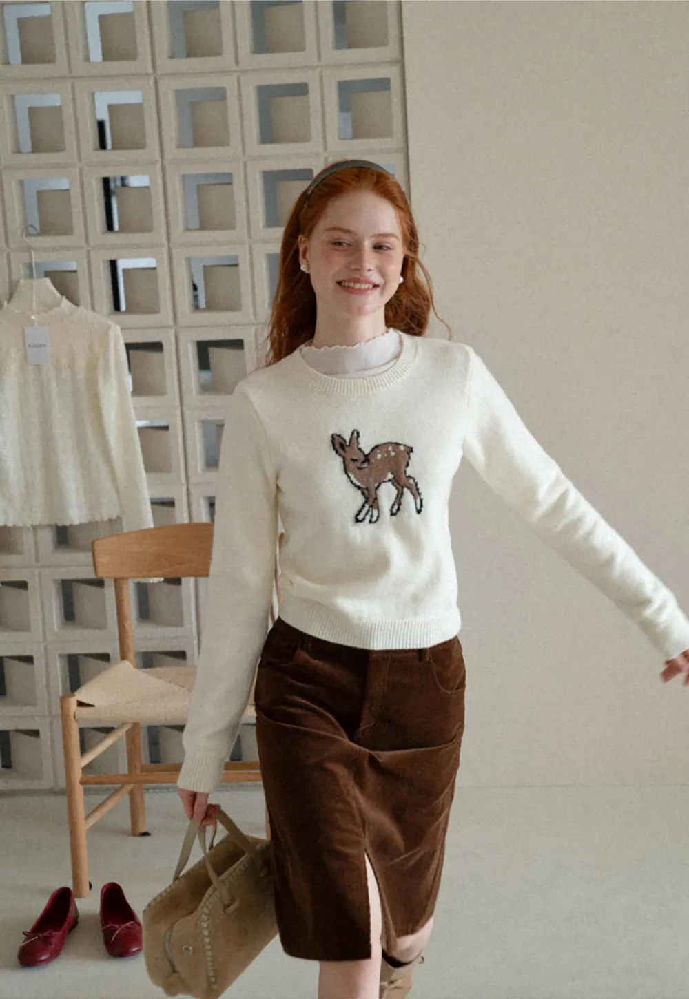 Embroidered Fawn Motif Crewneck Knit Sweater