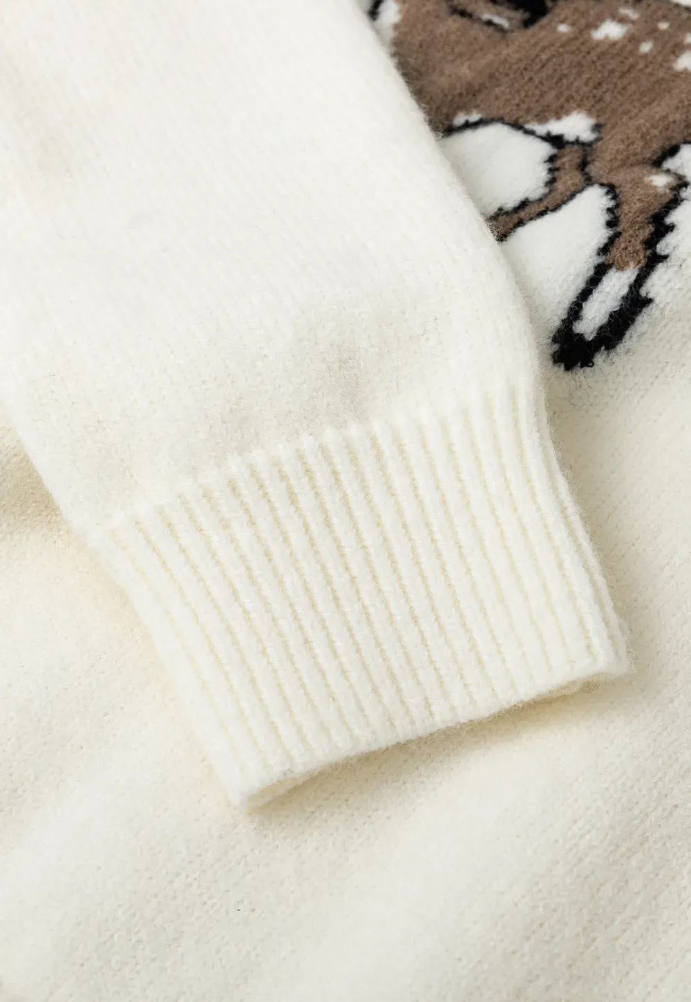 Embroidered Fawn Motif Crewneck Knit Sweater