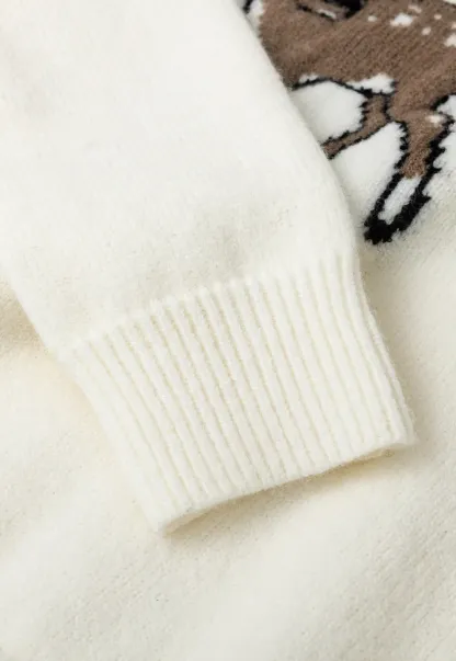 Embroidered Fawn Motif Crewneck Knit Sweater