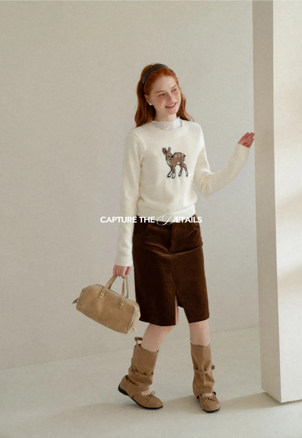 Embroidered Fawn Motif Crewneck Knit Sweater