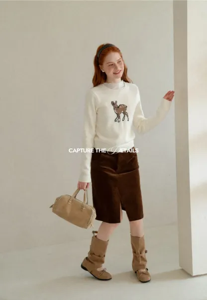 Embroidered Fawn Motif Crewneck Knit Sweater