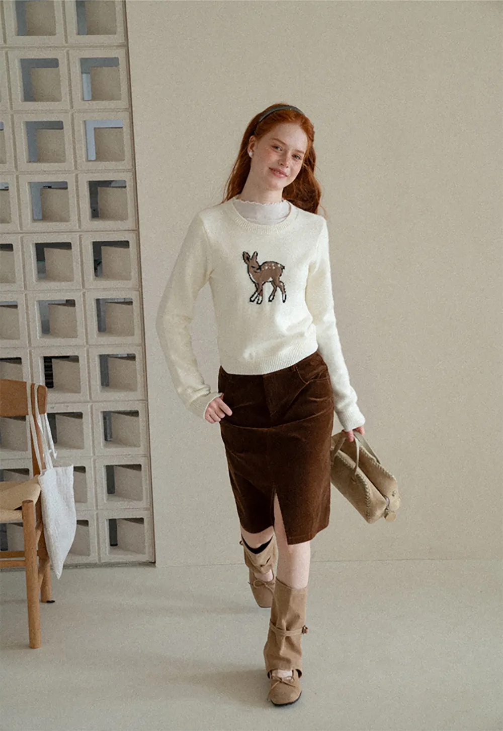 Embroidered Fawn Motif Crewneck Knit Sweater