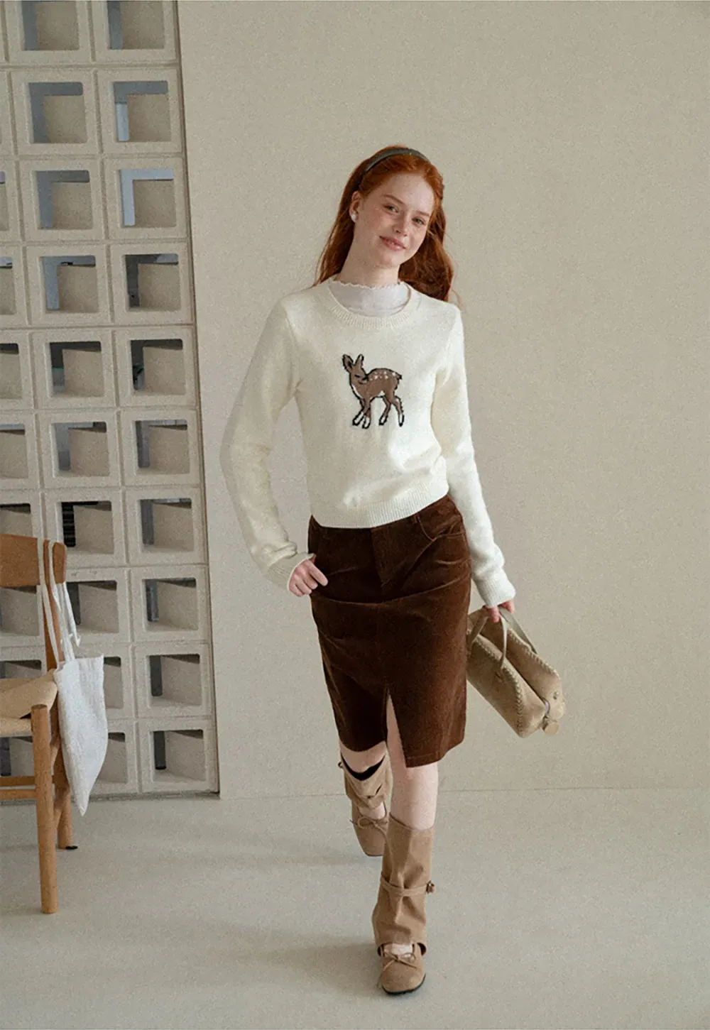 Embroidered Fawn Motif Crewneck Knit Sweater