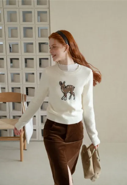 Embroidered Fawn Motif Crewneck Knit Sweater