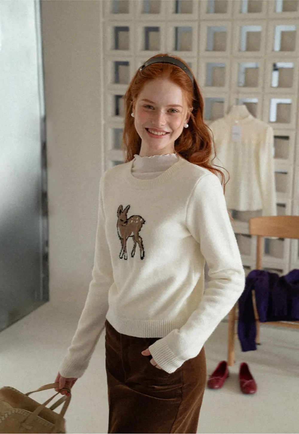 Embroidered Fawn Motif Crewneck Knit Sweater