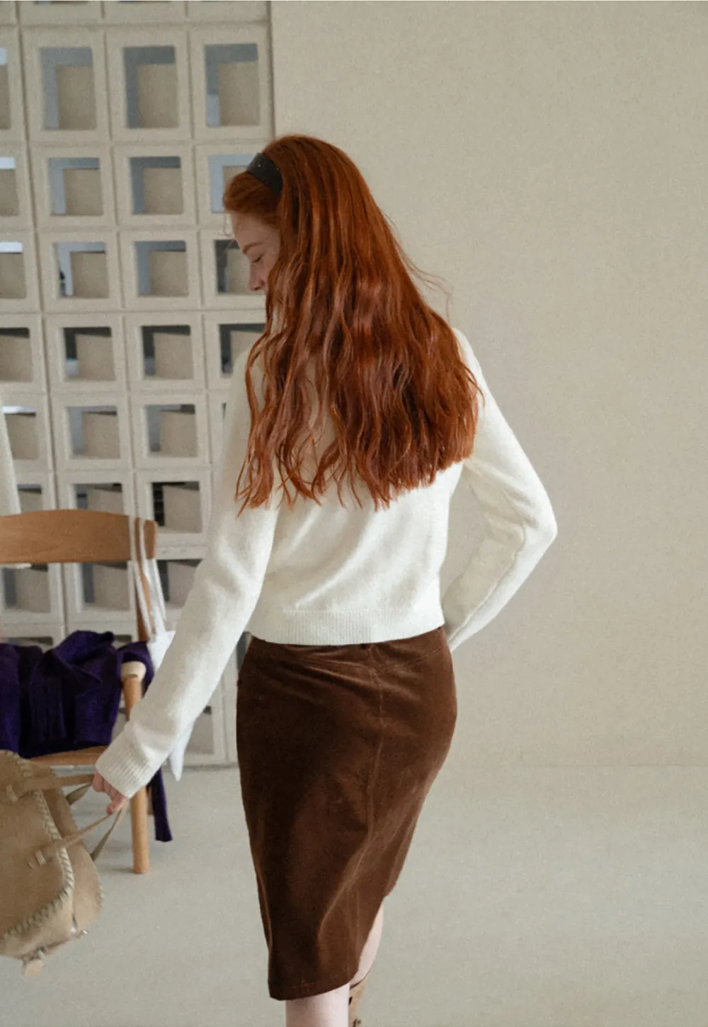 Embroidered Fawn Motif Crewneck Knit Sweater