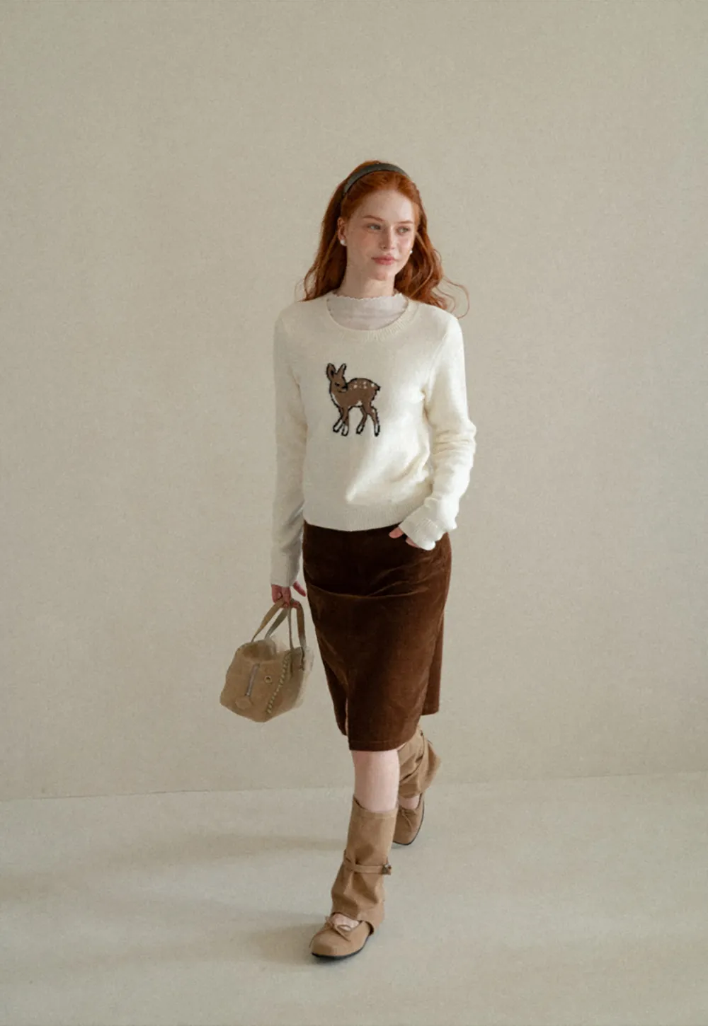 Embroidered Fawn Motif Crewneck Knit Sweater