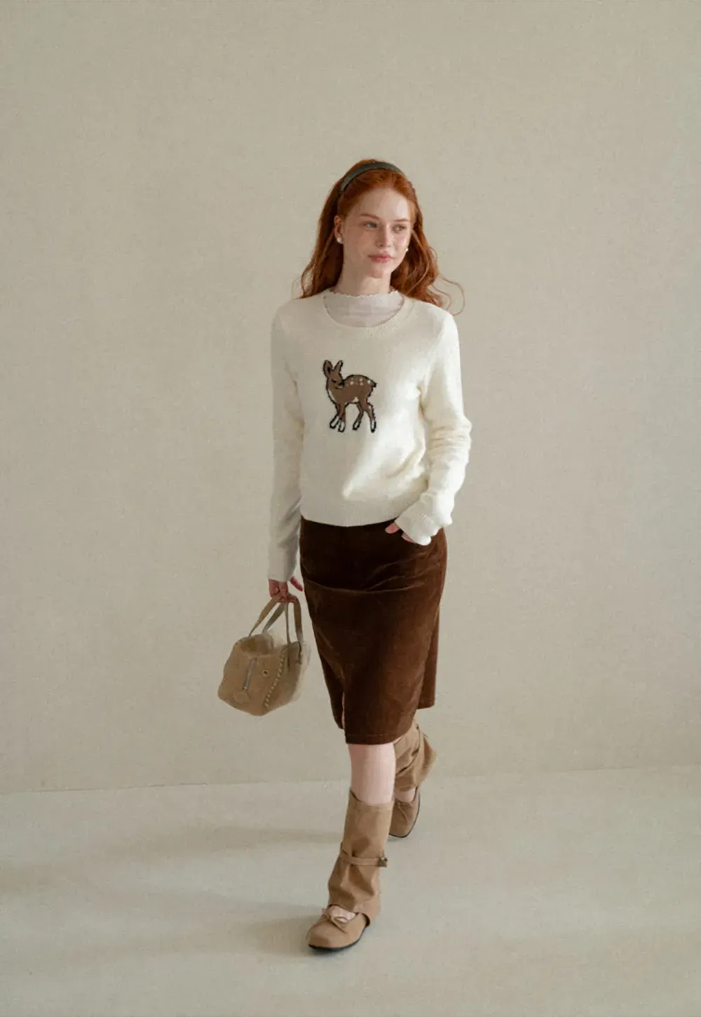Embroidered Fawn Motif Crewneck Knit Sweater
