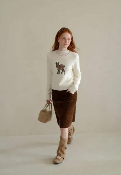 Embroidered Fawn Motif Crewneck Knit Sweater