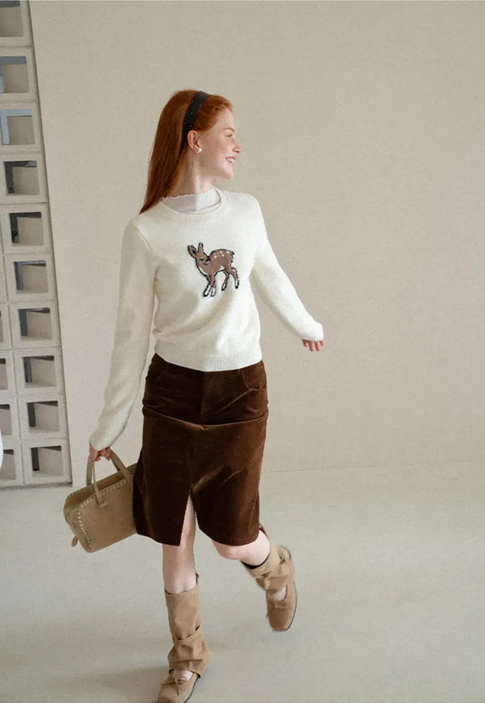 Embroidered Fawn Motif Crewneck Knit Sweater