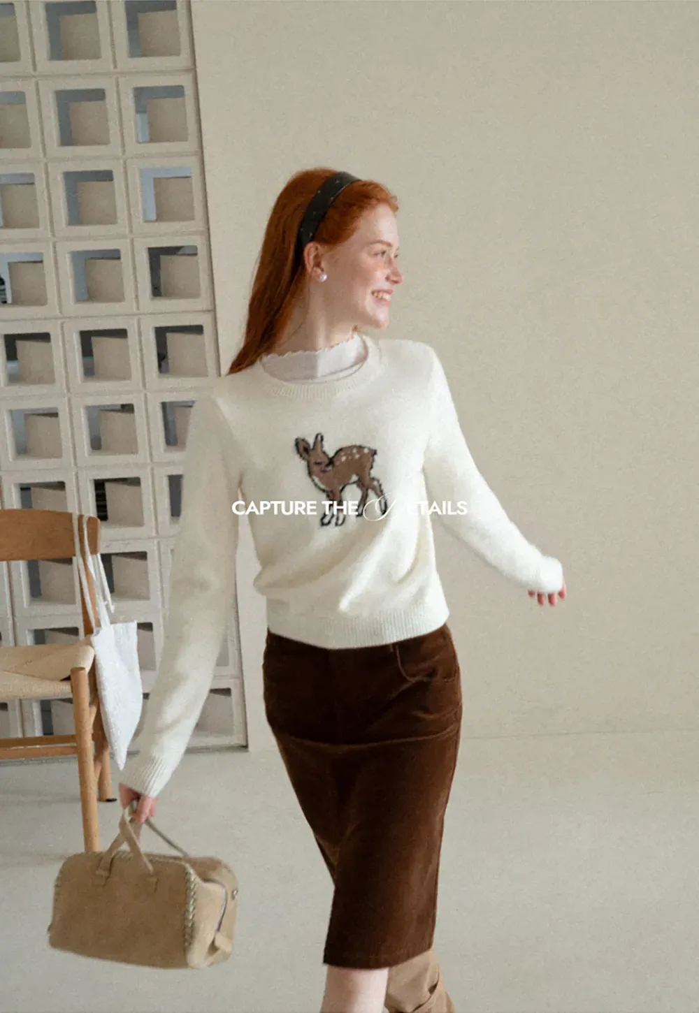 Embroidered Fawn Motif Crewneck Knit Sweater