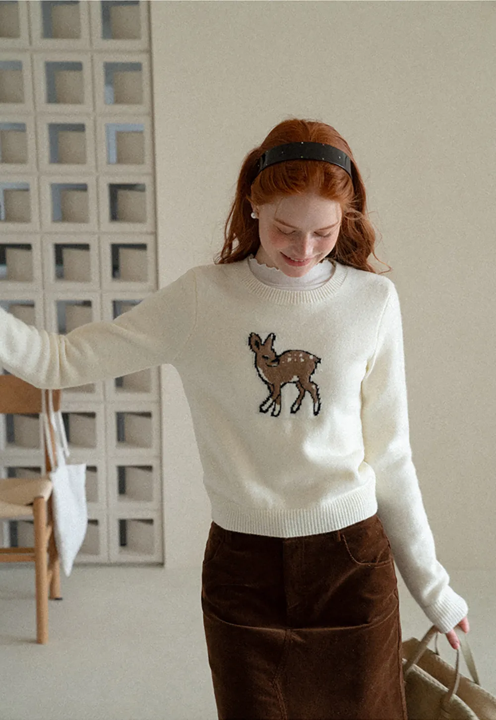 Embroidered Fawn Motif Crewneck Knit Sweater