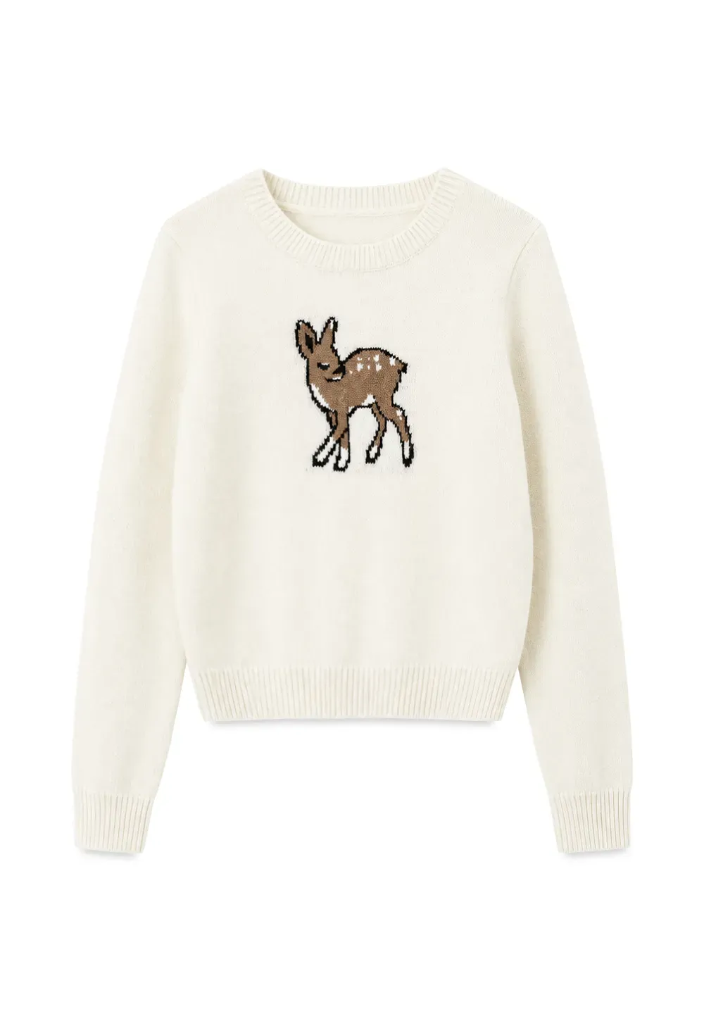Embroidered Fawn Motif Crewneck Knit Sweater