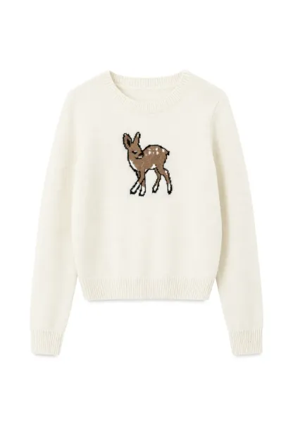Embroidered Fawn Motif Crewneck Knit Sweater