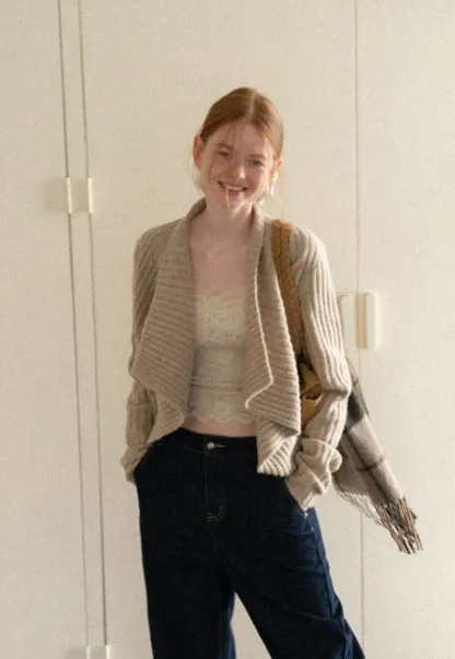 Ribbed Knit Asymmetrical Wrap Cardigan Sweater