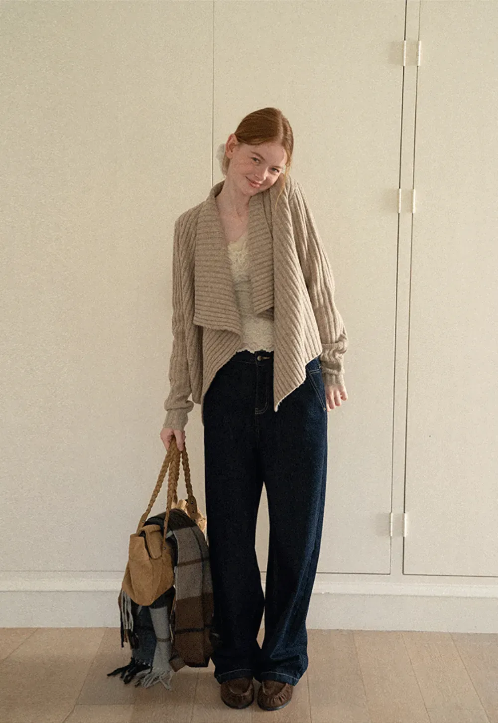 Ribbed Knit Asymmetrical Wrap Cardigan Sweater