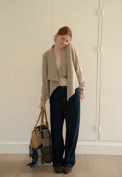 Ribbed Knit Asymmetrical Wrap Cardigan Sweater