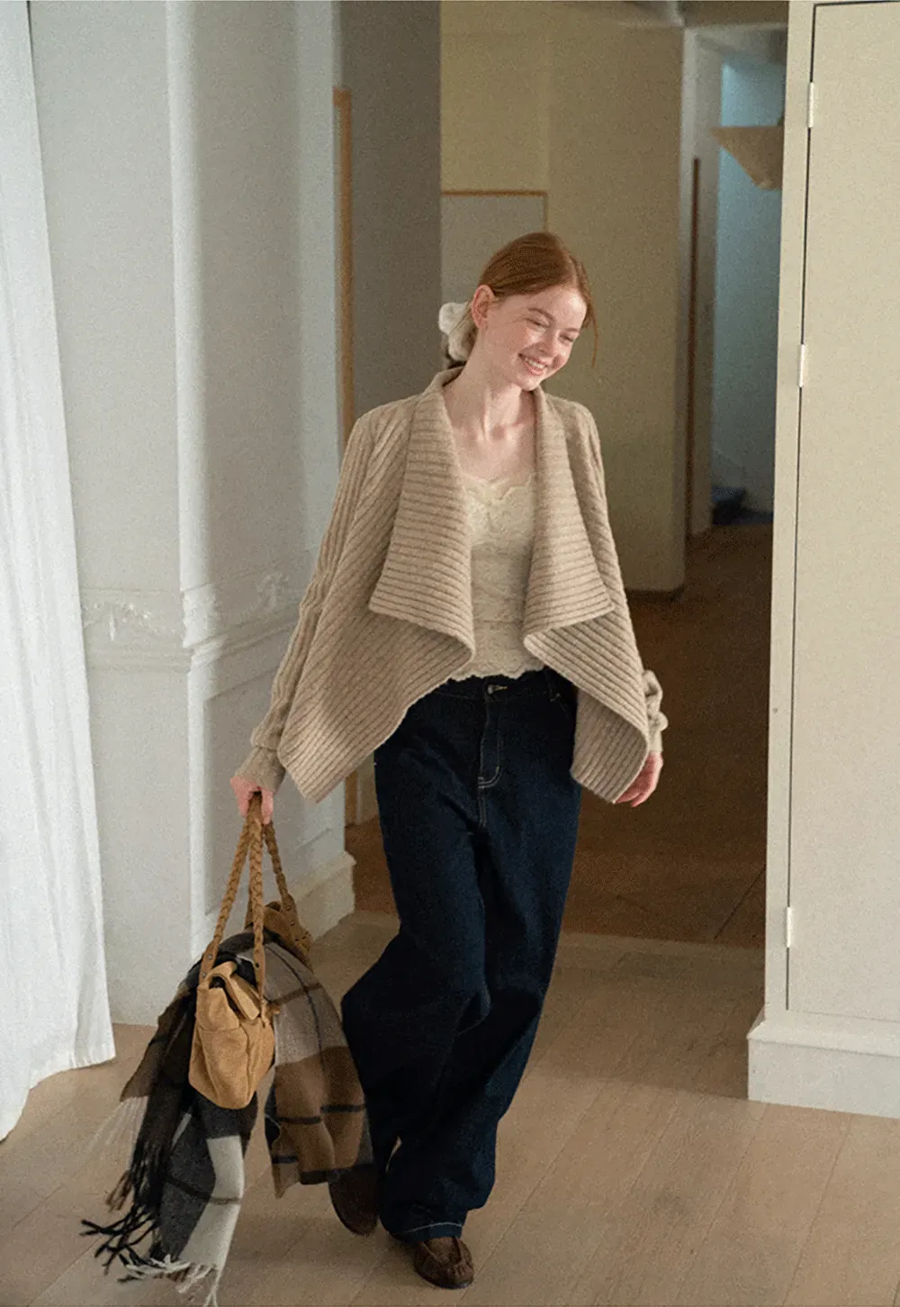 Ribbed Knit Asymmetrical Wrap Cardigan Sweater
