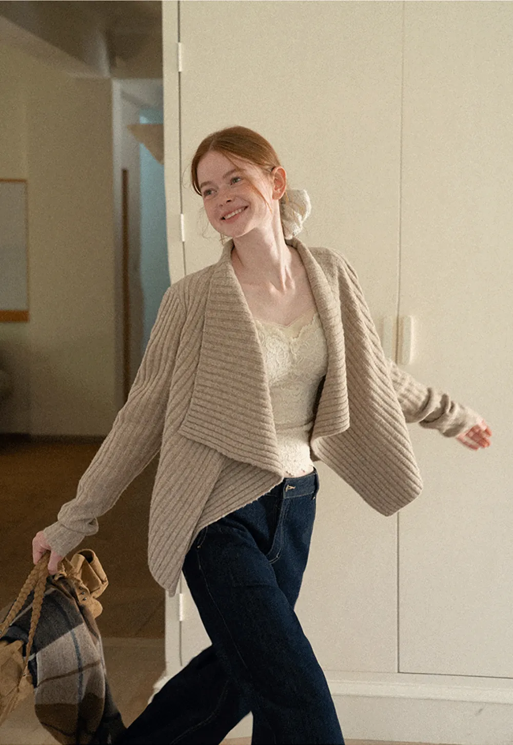 Ribbed Knit Asymmetrical Wrap Cardigan Sweater