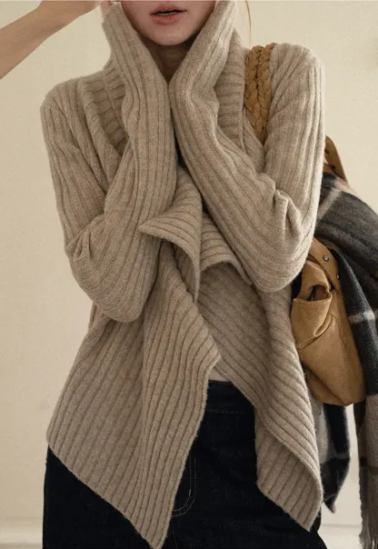 Ribbed Knit Asymmetrical Wrap Cardigan Sweater
