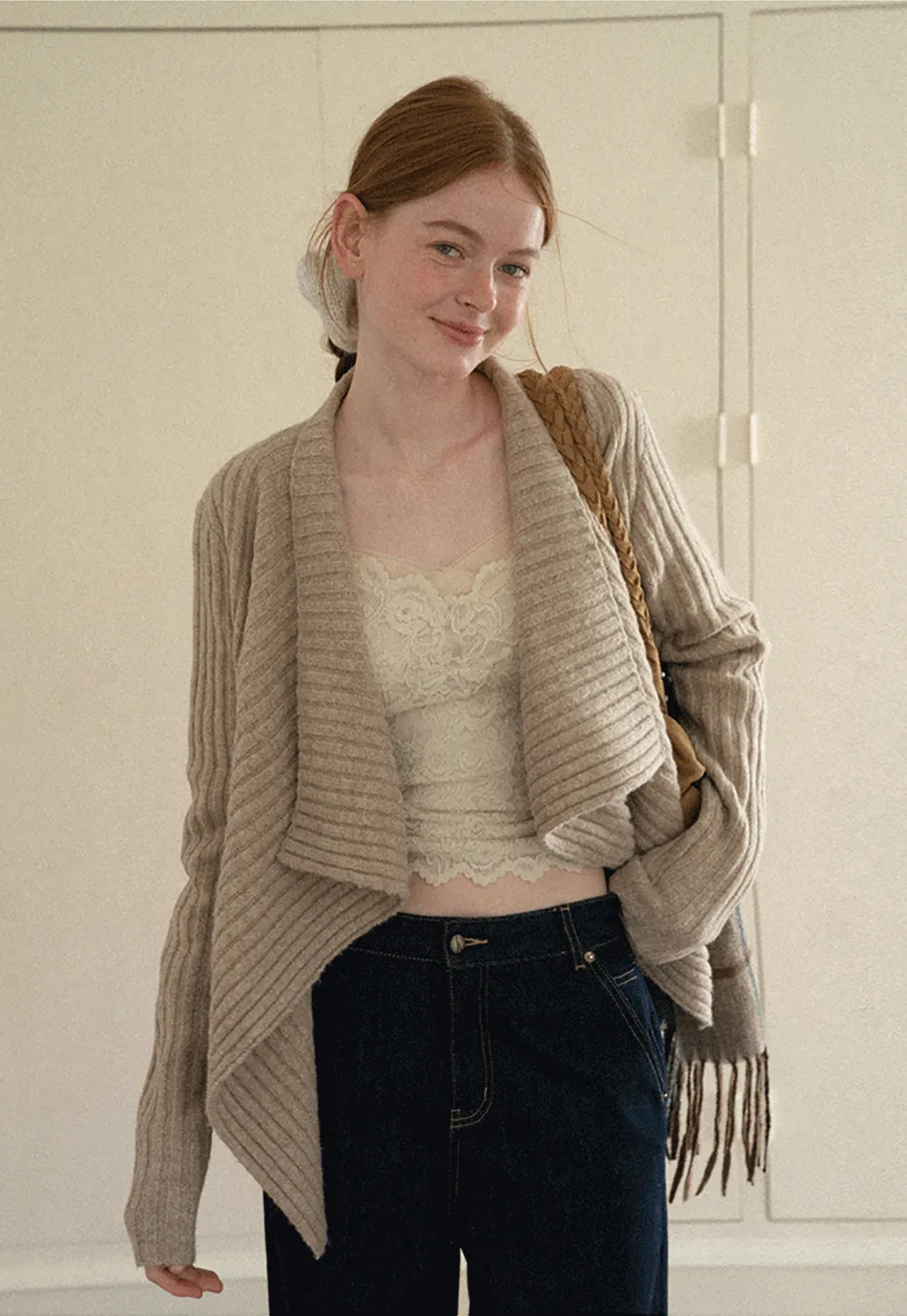 Ribbed Knit Asymmetrical Wrap Cardigan Sweater
