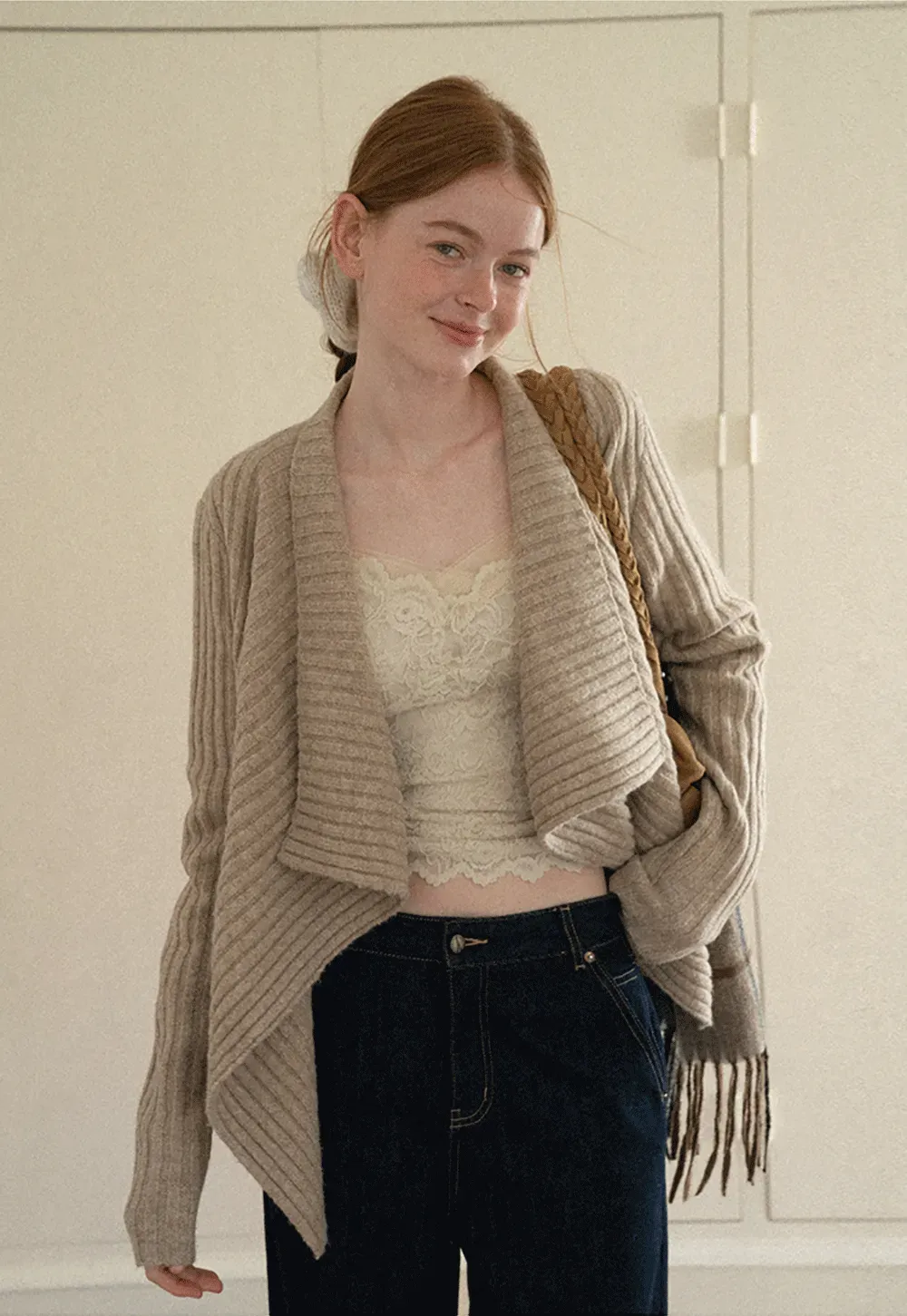Ribbed Knit Asymmetrical Wrap Cardigan Sweater
