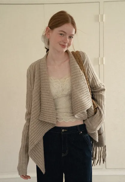 Ribbed Knit Asymmetrical Wrap Cardigan Sweater