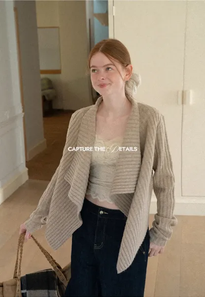 Ribbed Knit Asymmetrical Wrap Cardigan Sweater