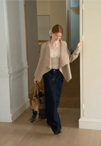 Ribbed Knit Asymmetrical Wrap Cardigan Sweater