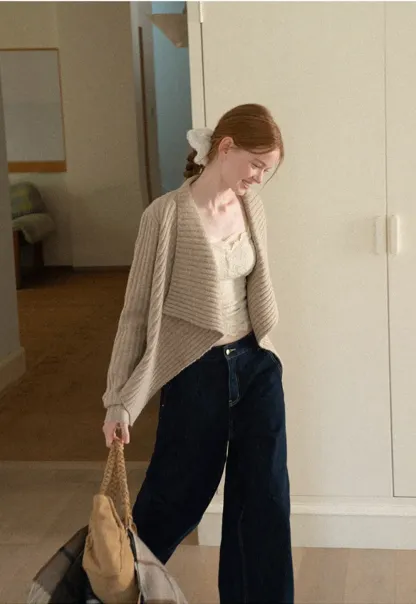 Ribbed Knit Asymmetrical Wrap Cardigan Sweater