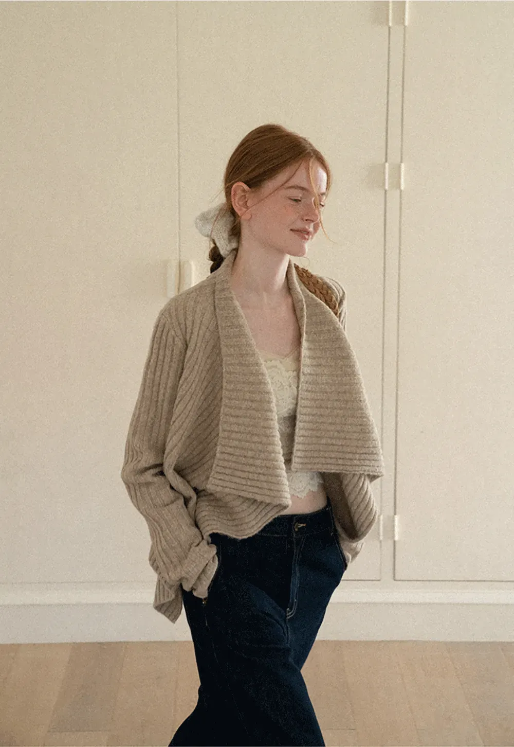 Ribbed Knit Asymmetrical Wrap Cardigan Sweater