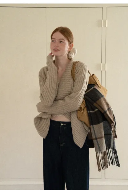 Ribbed Knit Asymmetrical Wrap Cardigan Sweater