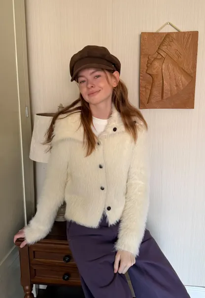 Fuzzy Textured Cropped Cardigan with Button Front