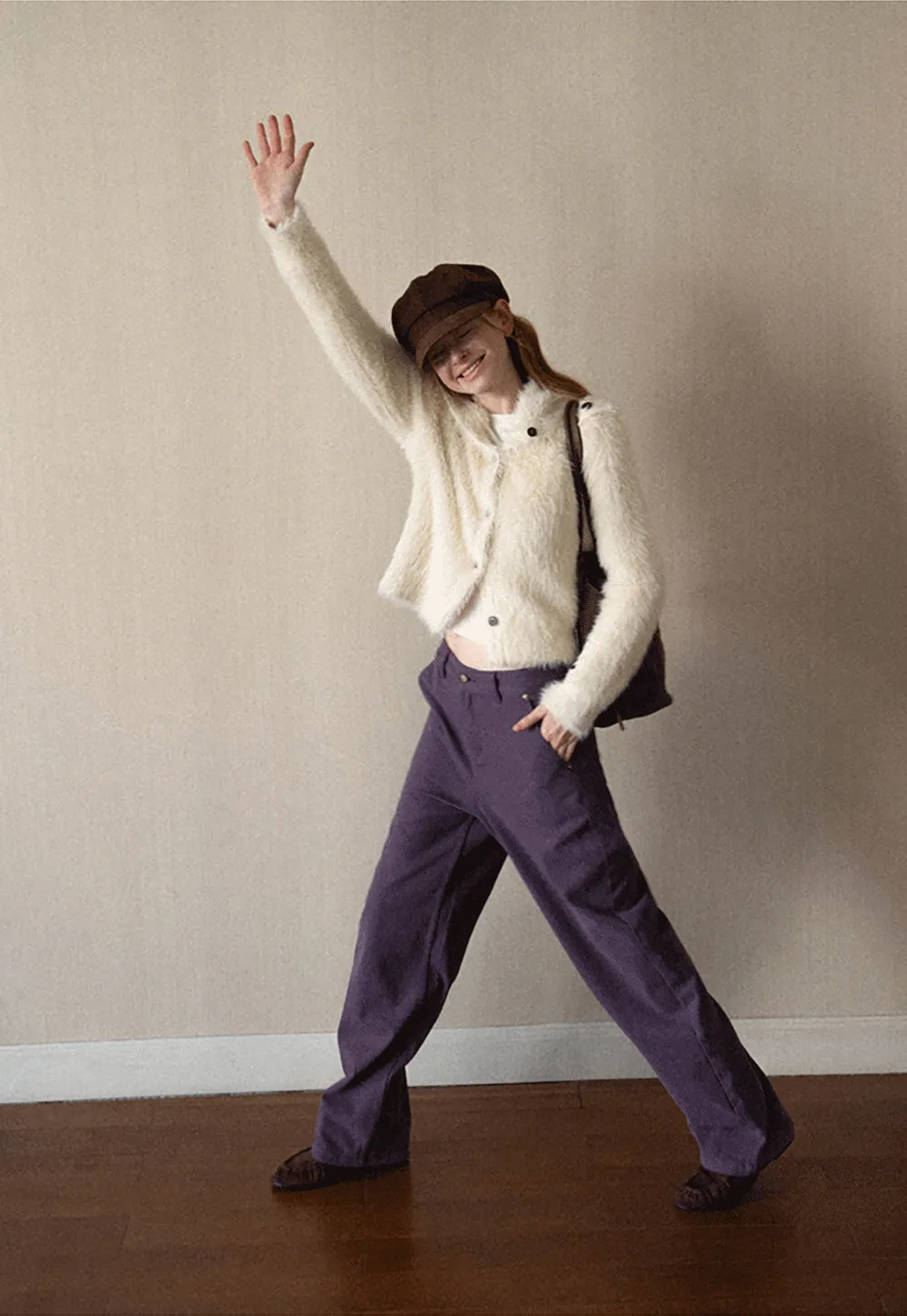 Fuzzy Textured Cropped Cardigan with Button Front