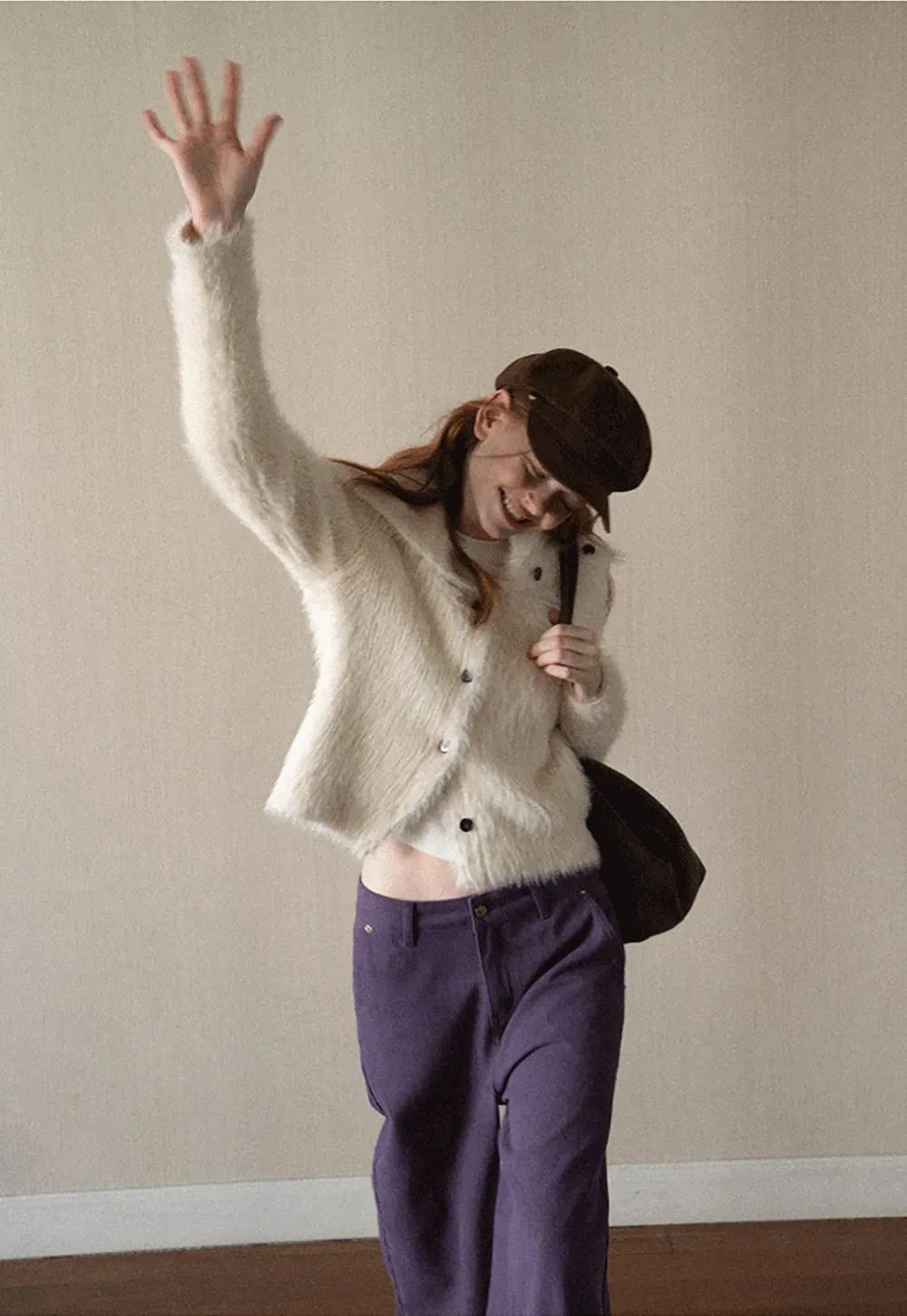 Fuzzy Textured Cropped Cardigan with Button Front