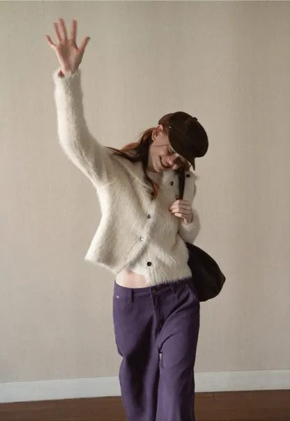 Fuzzy Textured Cropped Cardigan with Button Front
