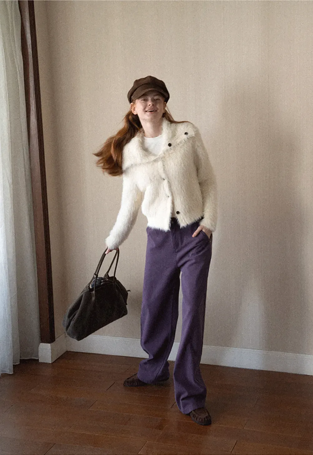 Fuzzy Textured Cropped Cardigan with Button Front
