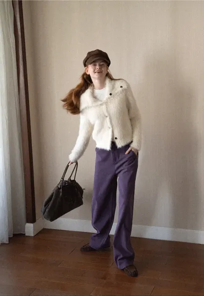 Fuzzy Textured Cropped Cardigan with Button Front