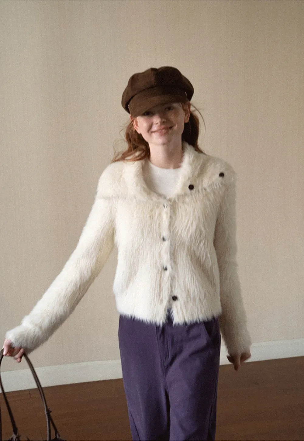 Fuzzy Textured Cropped Cardigan with Button Front