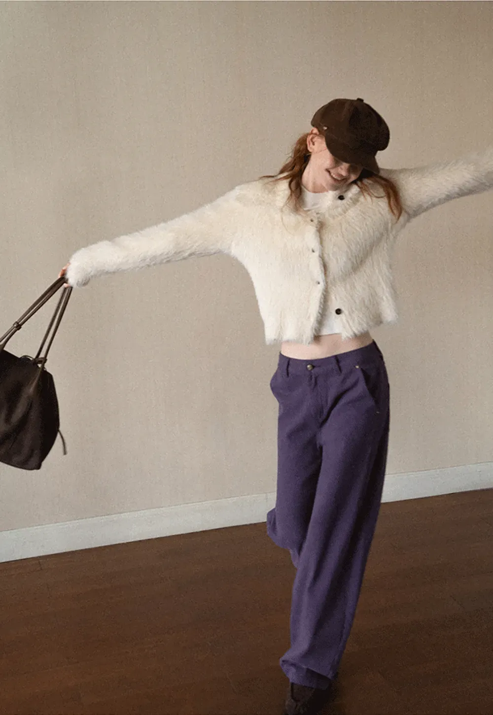 Fuzzy Textured Cropped Cardigan with Button Front