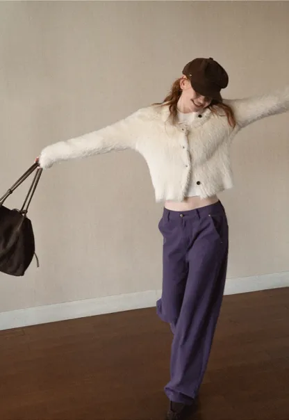 Fuzzy Textured Cropped Cardigan with Button Front