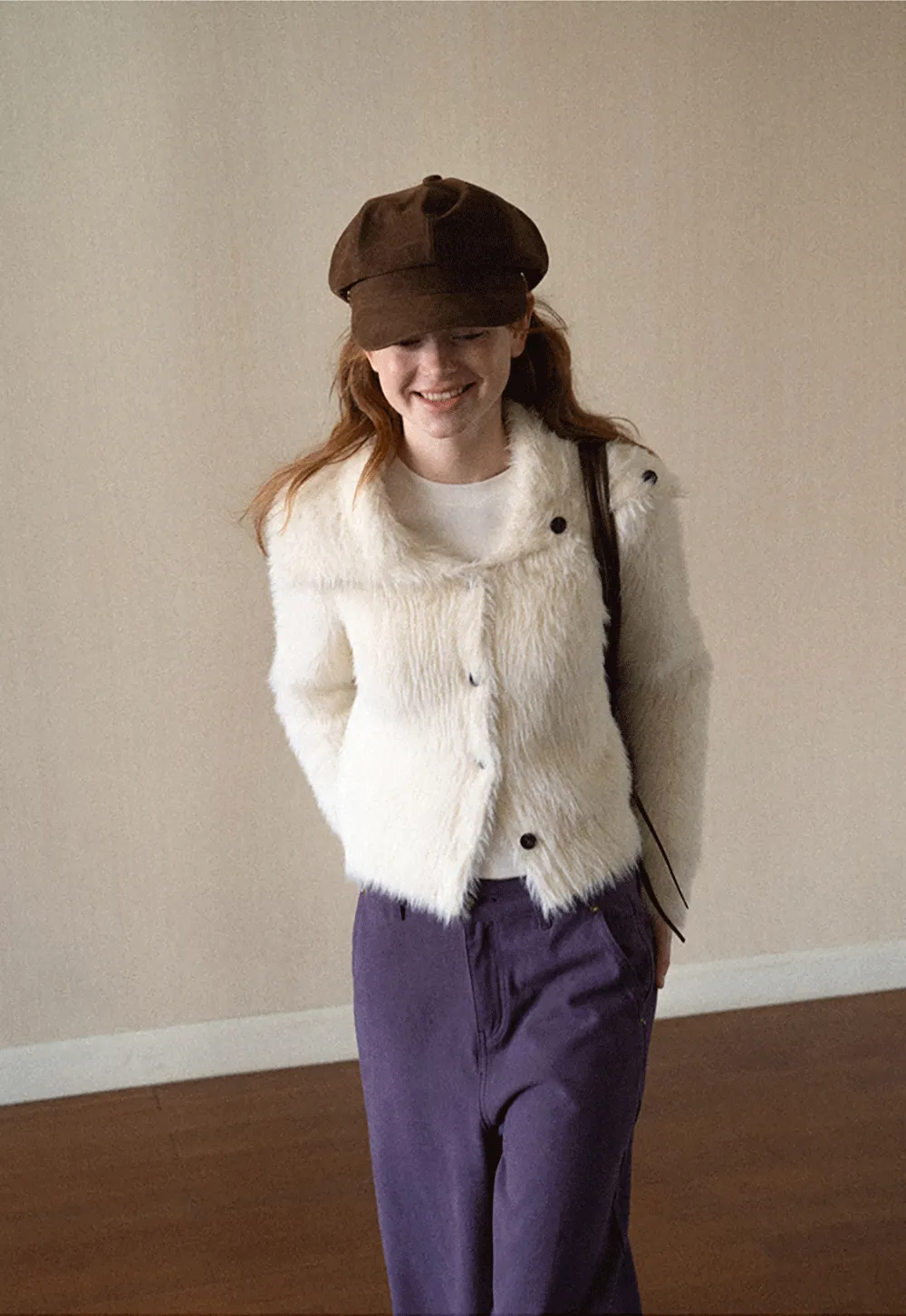 Fuzzy Textured Cropped Cardigan with Button Front
