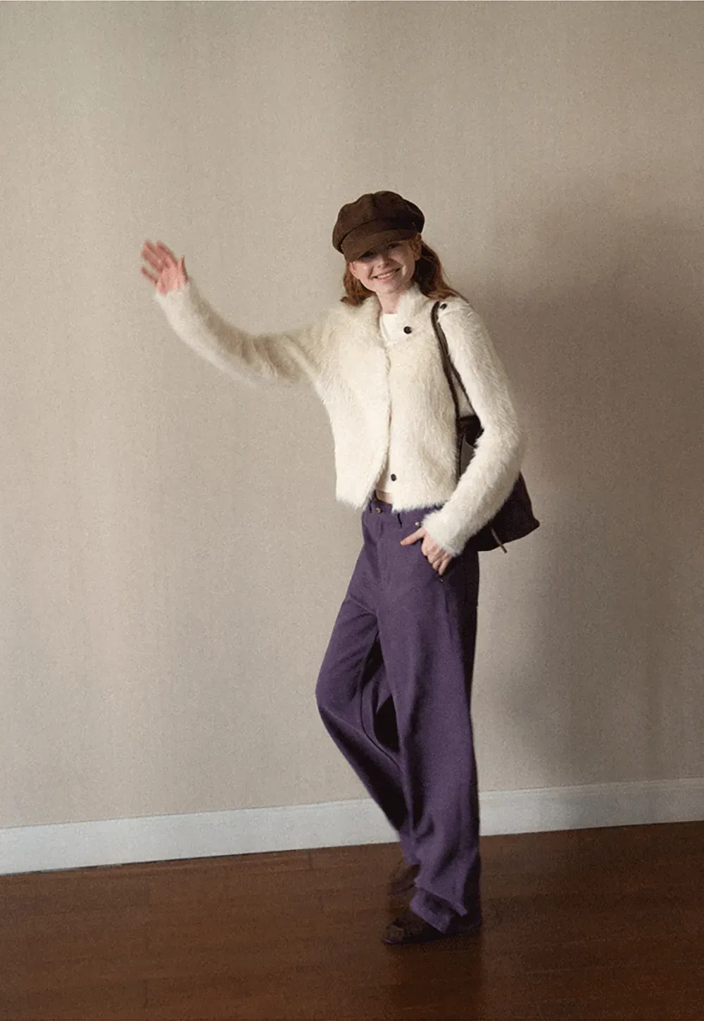 Fuzzy Textured Cropped Cardigan with Button Front