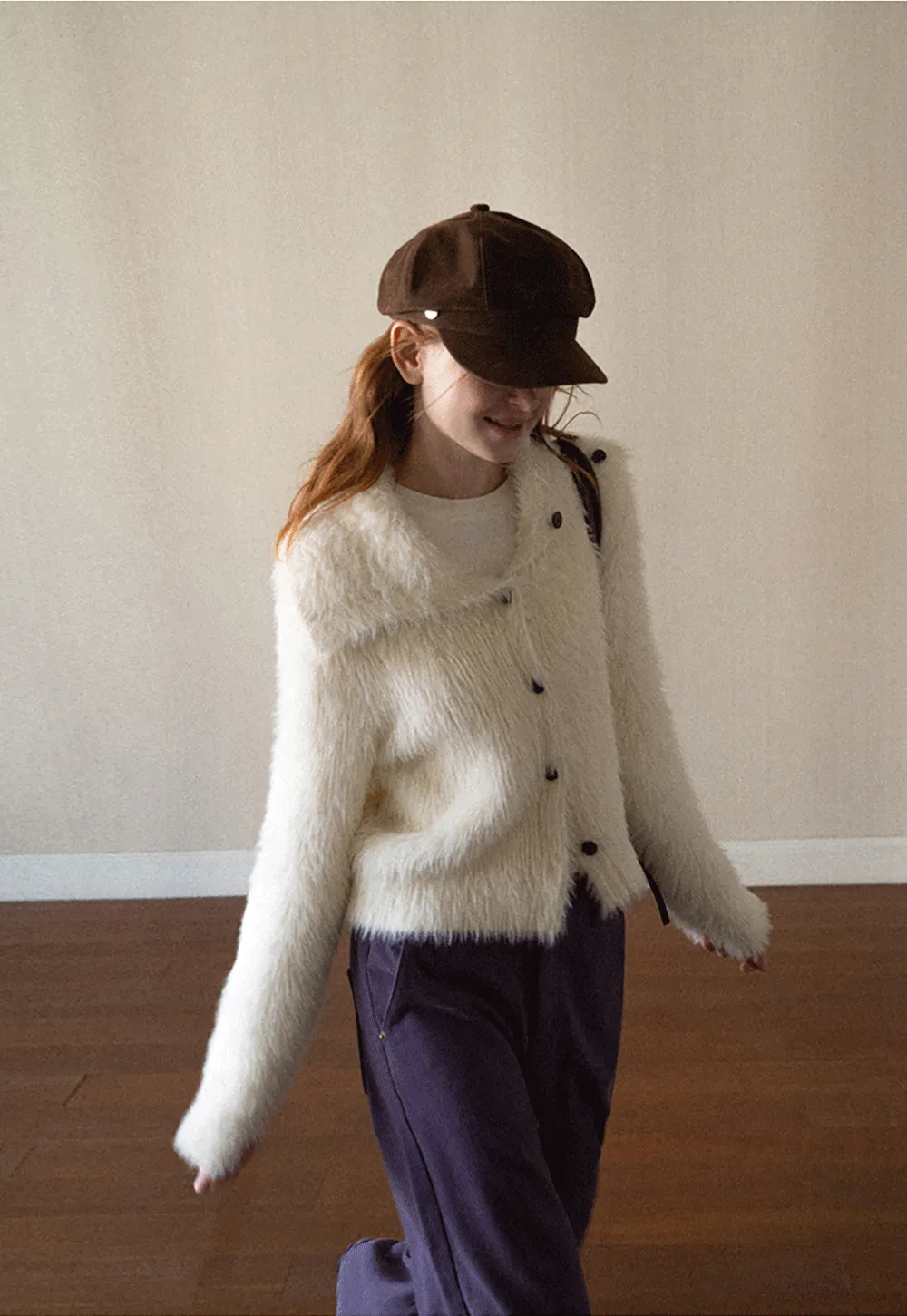 Fuzzy Textured Cropped Cardigan with Button Front