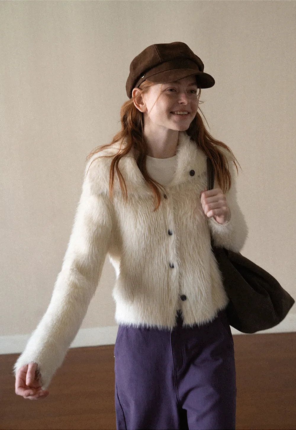 Fuzzy Textured Cropped Cardigan with Button Front