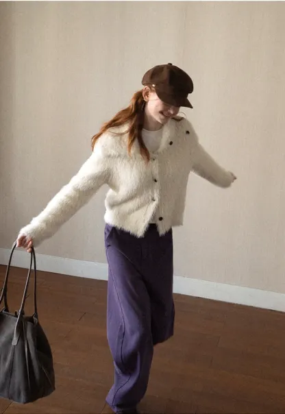 Fuzzy Textured Cropped Cardigan with Button Front