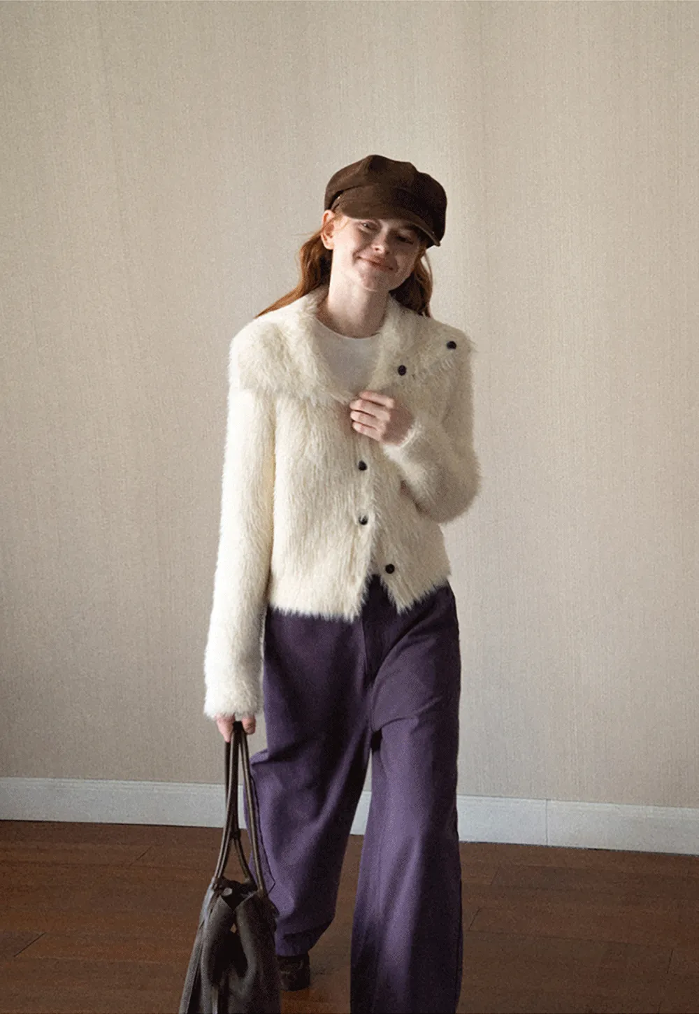 Fuzzy Textured Cropped Cardigan with Button Front