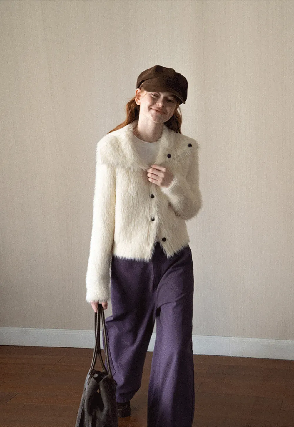 Fuzzy Textured Cropped Cardigan with Button Front