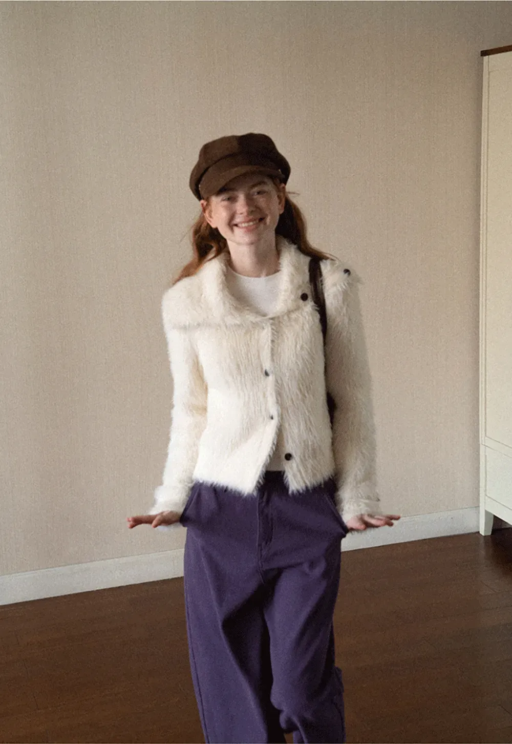 Fuzzy Textured Cropped Cardigan with Button Front