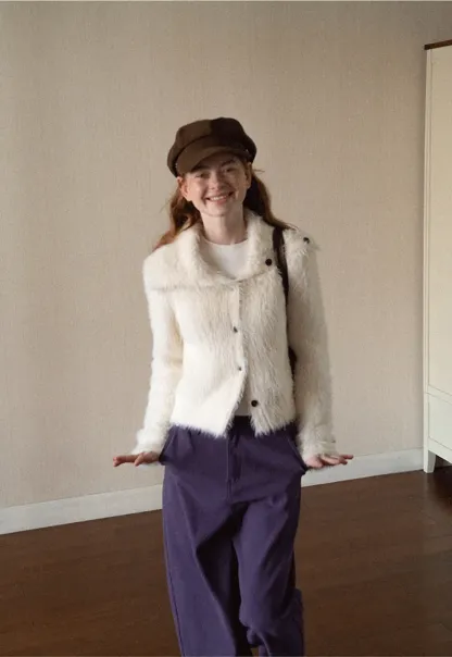 Fuzzy Textured Cropped Cardigan with Button Front